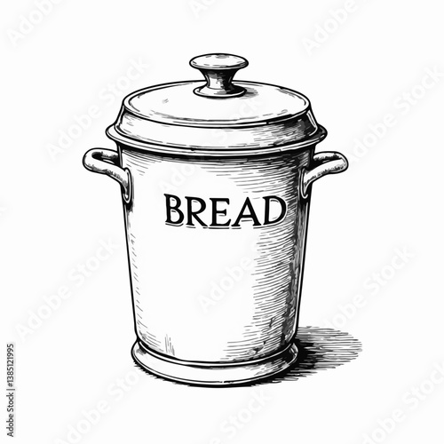 Vintage bread bin illustration in monochrome style  