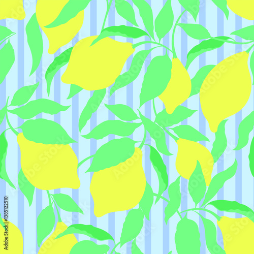 Lemon seamless citrus vector pattern on striped background. Hand drawn illustration with lemons.	
