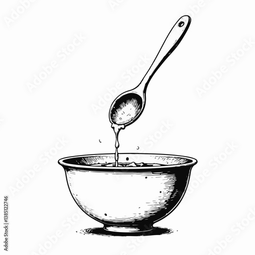 Vintage mixing bowl with spoon pouring liquid  