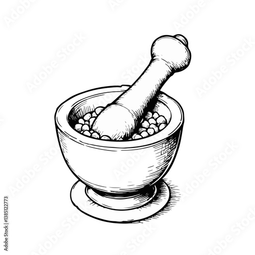 Vintage mortar and pestle sketch in black and white  