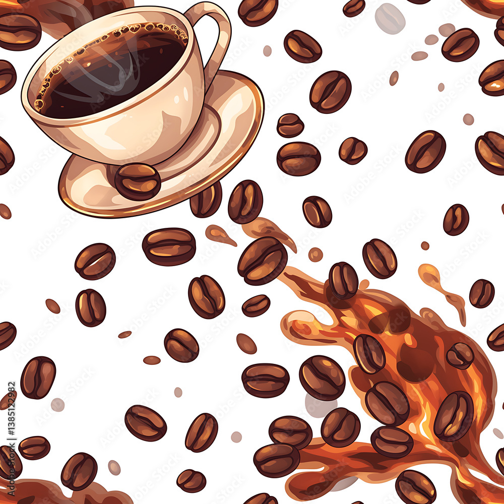 seamless pattern Realistic and artistic illustrations of coffee beans, brewing equipment, coffee cups for background or wallpaper