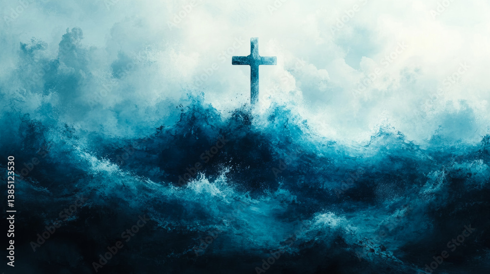 Naklejka premium Christian cross rising from stormy ocean waves with dramatic light