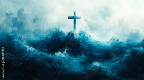 Christian cross rising from stormy ocean waves with dramatic light