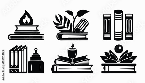 Literary Icons: A stylized set of vector illustrations features various configurations of books, each adorned with symbolic elements such as a flame, plant life, a candle, or abstract shapes.