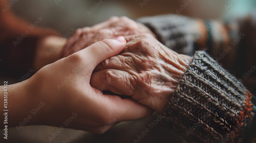 Fototapeta premium Two hands. A young woman holds the hand of an older woman. Caregiver at home.