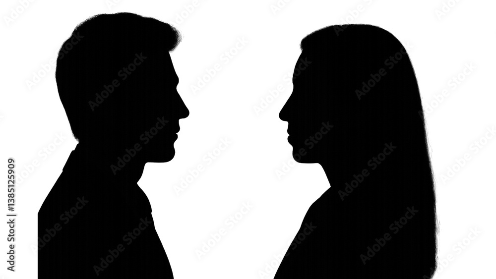 Minimalist silhouette illustration of a man and a woman facing each other in side profile. The grey silhouettes on a white background create a clean and modern aesthetic, ideal for concepts related to Minimalist silhouette illustration of a man and a woman facing each other in side profile. The grey silhouettes on a white background create a clean and modern aesthetic, ideal for concepts related to