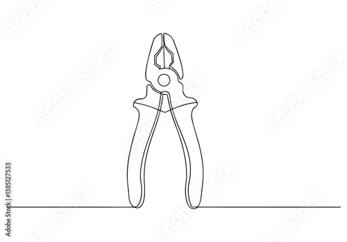 Continuous one line drawing of pliers with defined handles and gripping jaws in minimalist functional design

