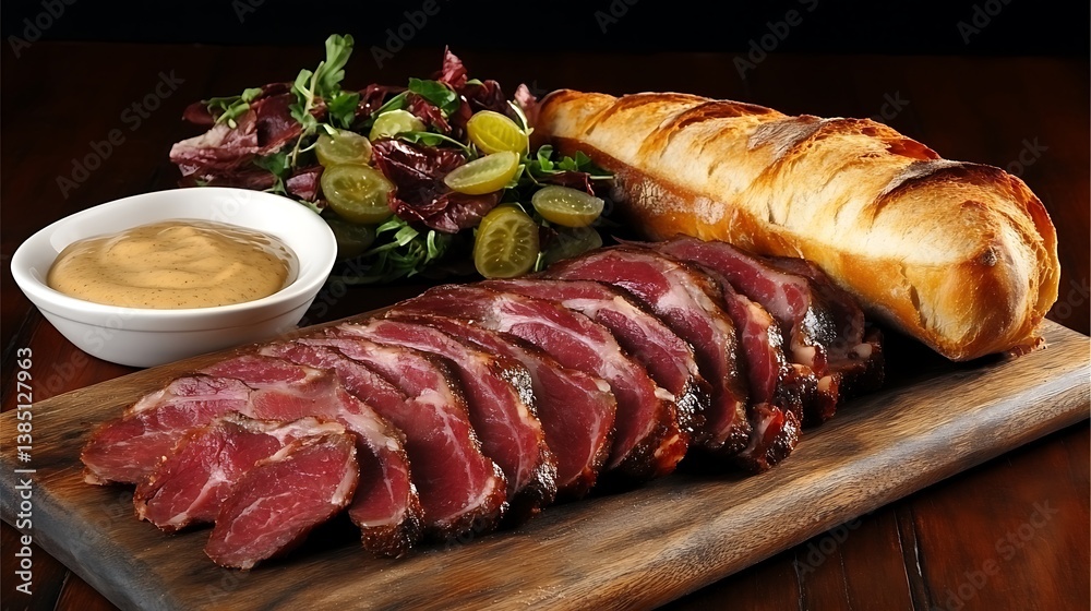 Smoked Pork with baguette, and salad  mustard Gourmet meal.
