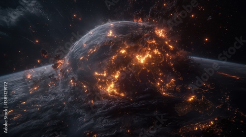Destruction unfolds on a planet with intense flames engulfing a section of the Earth in a cosmic event at twilight