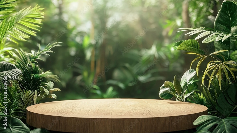 a wooden table in a green jungle a wooden table in a green jungle