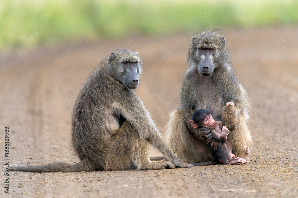 Naklejka premium Baby Baboon finding protection at his mother in the Kruger National Park in South Africa 