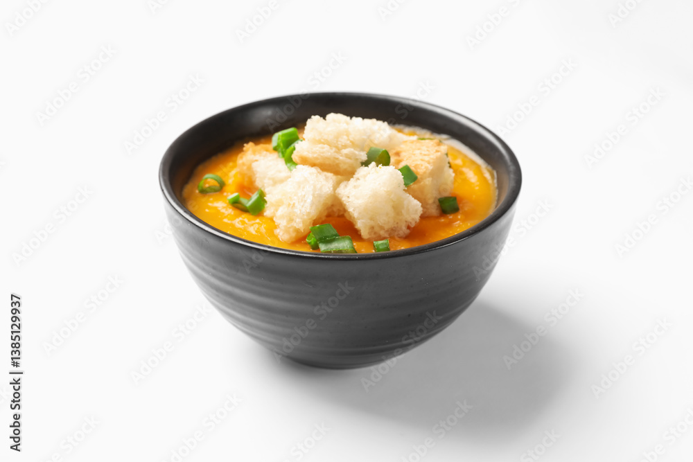 Tasty pumpkin cream soup with croutons and green onion in bowl on white background Tasty pumpkin cream soup with croutons and green onion in bowl on white background