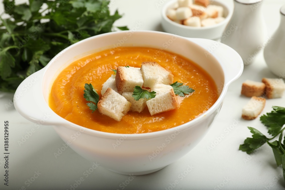 Tasty pumpkin cream soup with croutons and parsley in bowl on white table, closeup Tasty pumpkin cream soup with croutons and parsley in bowl on white table, closeup