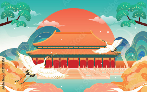 Red-style traditional Chinese architecture, oriental pagodas and ancient city gates
