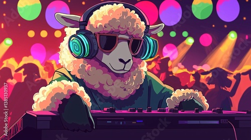 DJ Sheep at a Summer Music Festival with Colorful Lights Illustration