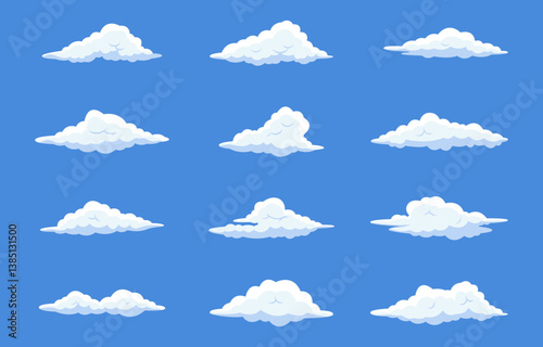 A series of clouds in various sizes and shapes, all of which are white