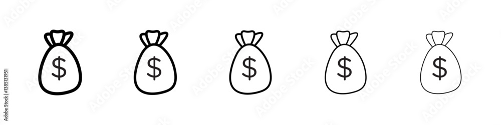Money bag icons vector set in different stroke line style Money bag icons vector set in different stroke line style
