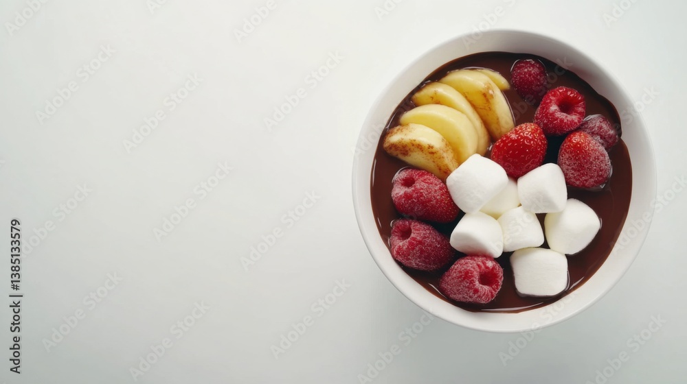 A chocolate fondue with fruits and marshmallows. Featuring indulgence and celebration A chocolate fondue with fruits and marshmallows. Featuring indulgence and celebration