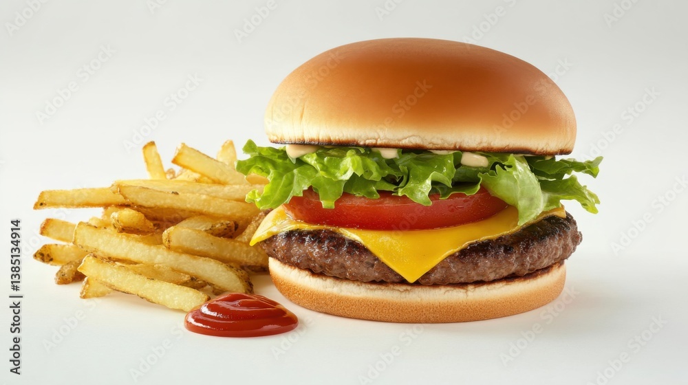 A classic burger with lettuce, tomato, cheese, and a side of fries. Featuring comfort and indulgence A classic burger with lettuce, tomato, cheese, and a side of fries. Featuring comfort and indulgence