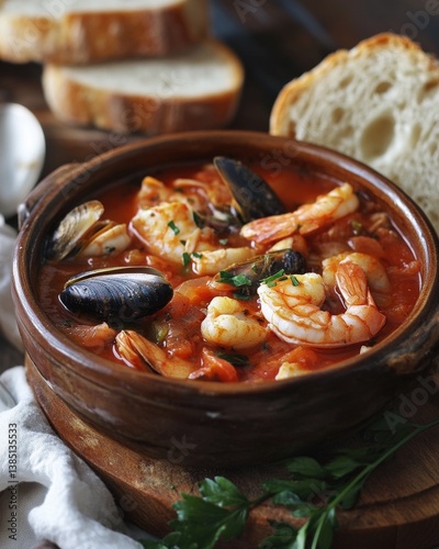 Bright tomato and seafood stew with crusty bread for dipping, presented in a rustic and vibrant style, highlighting the fresh ingredients and delicious flavors of a comforting, hearty meal photo