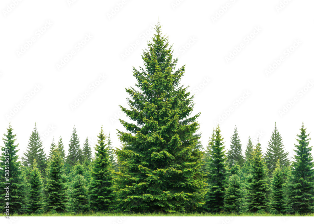 Fototapeta premium Green fir trees on a transparent background. Concept of nature, forest, and Christmas.