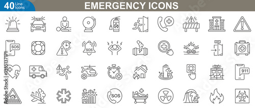 Emergency icons set. Ambulance, fire safety, first aid, disaster alerts, rescue equipment, emergency services symbols for safety and preparedness projects. Vector illustration.