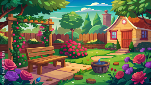 A cozy backyard garden with flower beds, a wooden bench, and climbing roses
