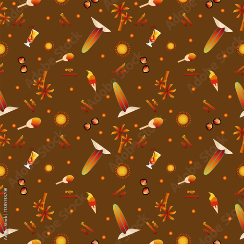 Chocolate summer pattern with ice cream, sun, sunglasses and surfboard on brown background