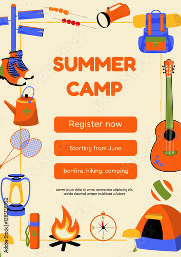 mountain camp poster with summer camp sign with registration