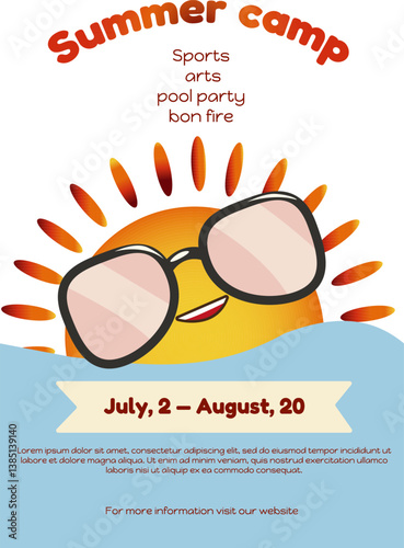 Summer poster with a sun with glasses with the words summer camp and advertising text