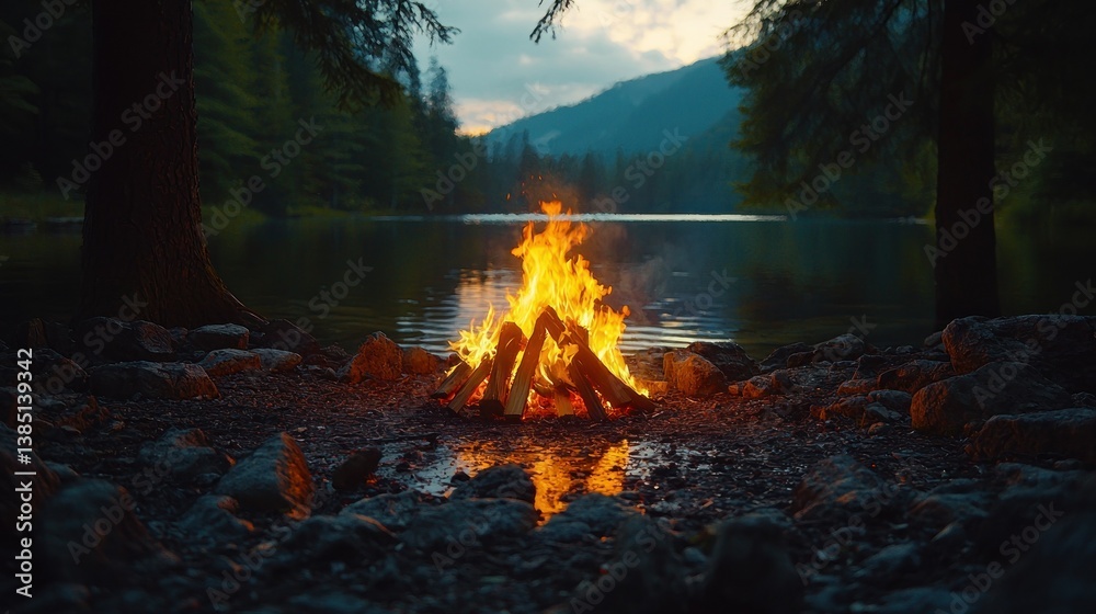 Campfire by the Lake at Dusk Campfire by the Lake at Dusk