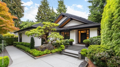 Modern Japanese Style House Exterior with White Walls and Black Roof