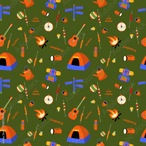 tourist seamless vector pattern green with objects