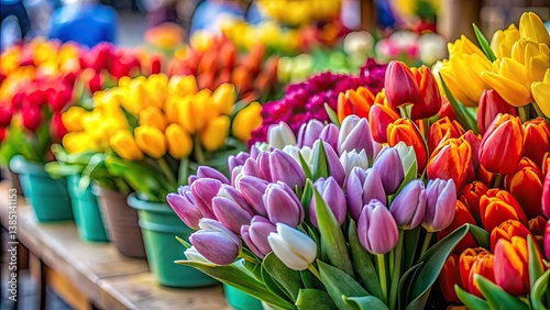 Minimalist spring still life: a colorful array of tulips dominates the flower market scene.