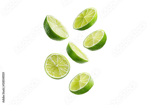 Fresh lime wedges falling on a transparent background. Concept of freshness, citrus, and healthy eating.