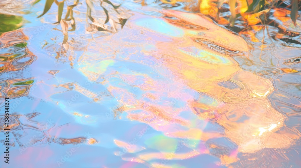 Iridescent holographic reflection on water surface nature abstract art tranquil environment close-up view Iridescent holographic reflection on water surface nature abstract art tranquil environment close-up view