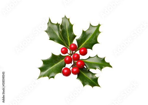 Sprig of holly with red berries on transparent background. Christmas decoration.