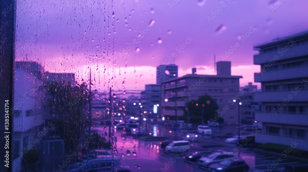 Obraz premium Rainy Evening Cityscape Through Window, Purple Hues