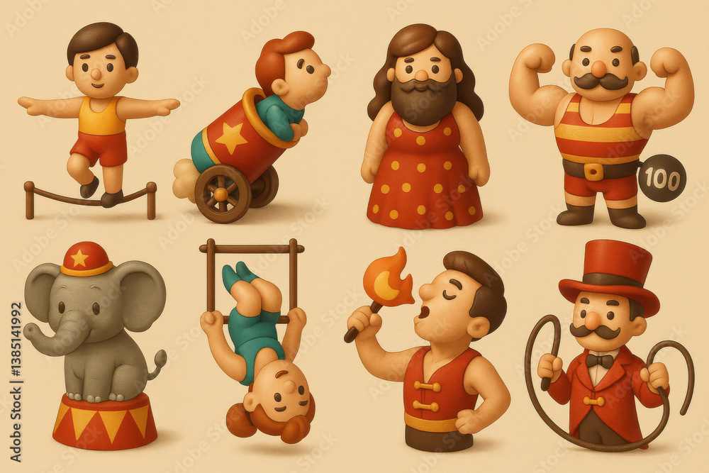 Fototapeta premium Charming 3d vintage circus icons set featuring performers and animals