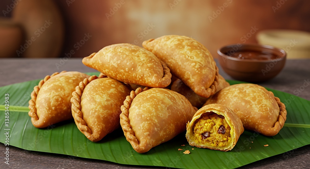 Enjoying Delicious Curry Puffs on Banana Leaf with Savory Dipping Sauce Enjoying Delicious Curry Puffs on Banana Leaf with Savory Dipping Sauce