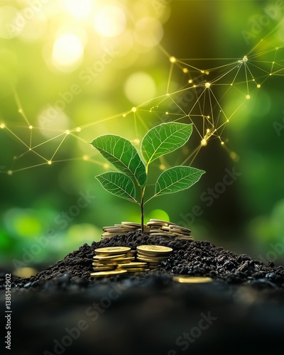 Green Growth Investment: A symbolic image representing financial growth and investment, with a young plant sprouting from a pile of coins, symbolizing the nurturing of wealth and prosperity.