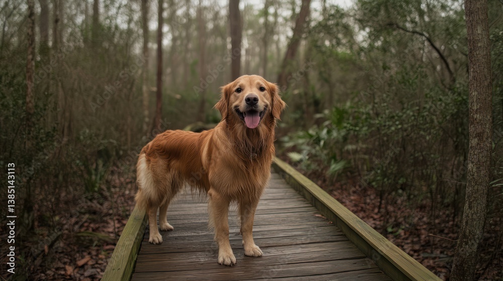 Golden Retriever on Wooden Boardwalk in Foggy Woods. Possible Use Nature Photography Golden Retriever on Wooden Boardwalk in Foggy Woods. Possible Use Nature Photography