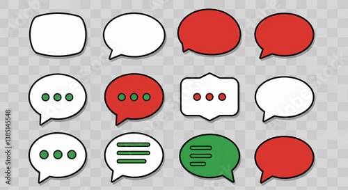 A network of twelve speech bubble icons, rendered in a flat vector style with clean lines and solid color fills. The color palette is limited to green, red, and white. Vector Illustration