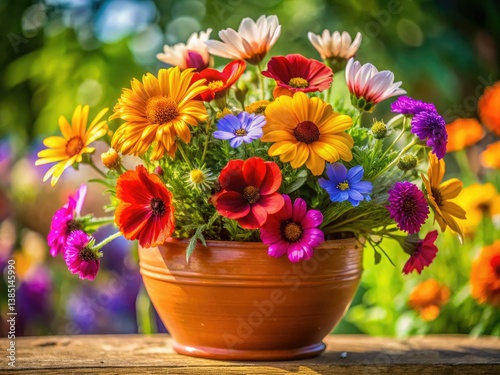 Potted meadow blooms: a vibrant spring explosion captured in close-up photography.