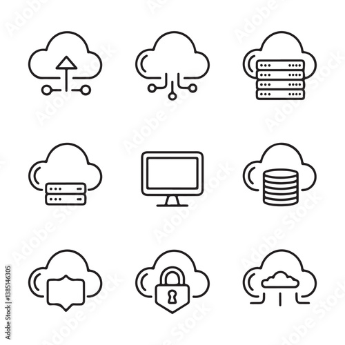 Cloud Computing and Web Hosting Icons. Simple Line Icons Depicting Cloud Computing Concepts.