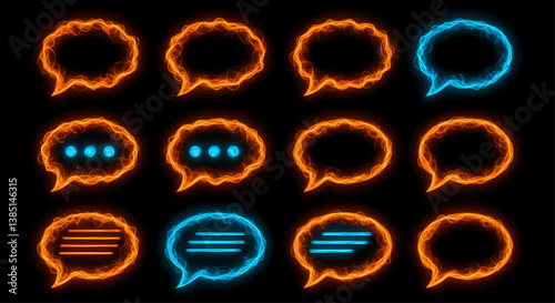 Abstract image: A grid of twelve glowing speech bubble icons, rotating in fiery orange and cool blue tones. Interior lighting creates a glowing effect on each shape. Vector Illustration