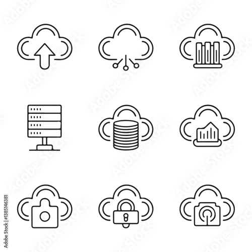 Cloud Computing and Web Hosting Icons. Simple Line Icons Depicting Cloud Computing Concepts.