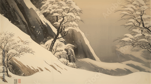 traditional japanese winter snow landscape woodblock print on old vintage silk paper