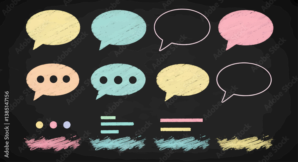 A grid of twelve speech bubble icons, rendered in a vibrant pastel chalk dust spray style against a dark, textured chalkboard background. Each speech bubble is outlined in black chalk. Vector 