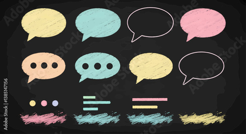 A grid of twelve speech bubble icons, rendered in a vibrant pastel chalk dust spray style against a dark, textured chalkboard background. Each speech bubble is outlined in black chalk. Vector 